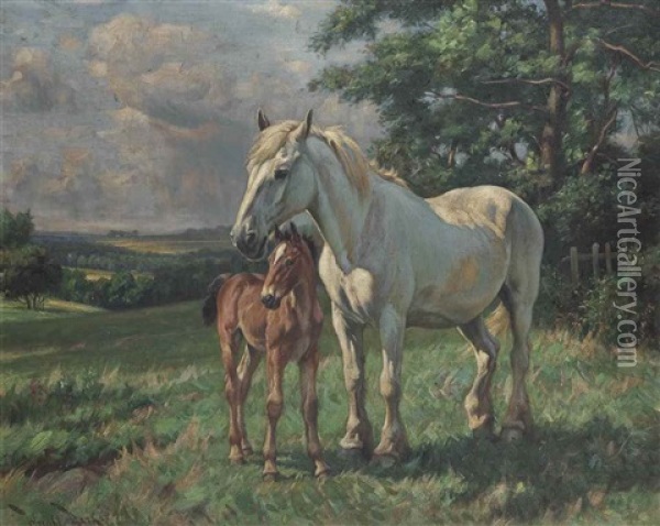 Mare And Foal Oil Painting - Wright Barker
