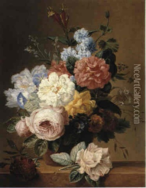 A Still Life With Flowers On A Ledge Oil Painting - Georgius Jacobus Johannes van Os