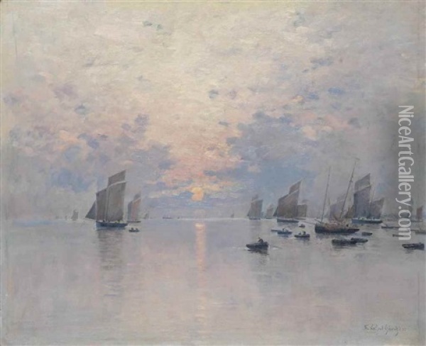 Boats At Dusk, Possibly Concarneau Oil Painting - Fernand Marie Eugene Legout-Gerard