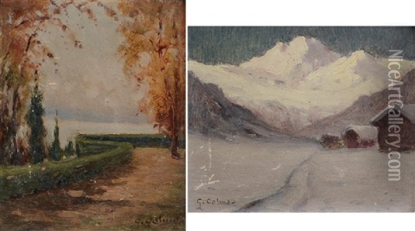 Paesaggio Innevato Con Baite (+ Autunno; 2 Works) Oil Painting - Giovanni Colmo