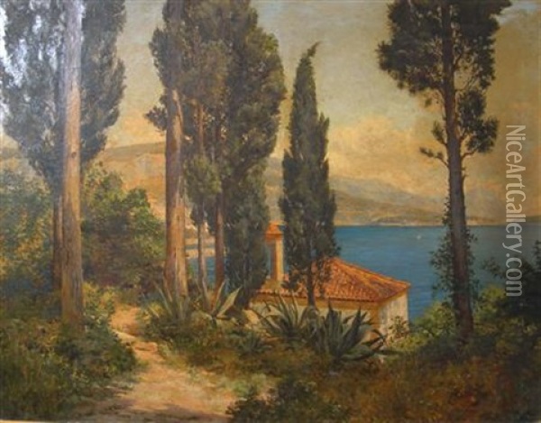 Cypress Trees Overlooking A Mediterranean Bay Oil Painting - Georges Paul Joseph Darasse