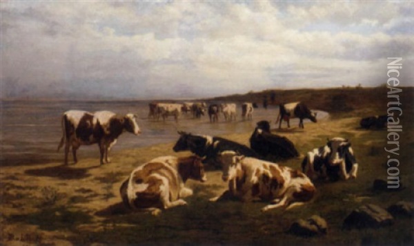 Cattle On The Water's Edge Oil Painting - Dirk Peter Van Lokhorst