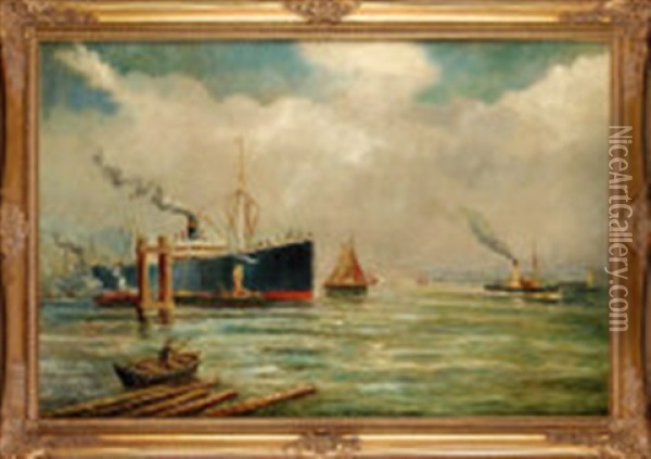 Steamships On The Tyne Oil Painting - Bernard Benedict Hemy