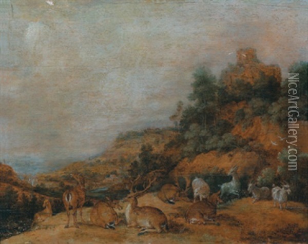 Berglandschaft Mit Lagerndem Rotwild, Ziegen Und Einer Burg Oil Painting - Gillis Claesz De Hondecoeter