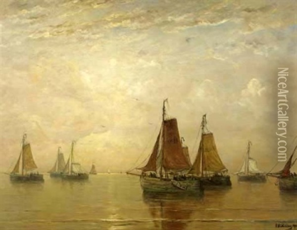 Vroege Morgen: Bomschuiten On A Calm Sea Oil Painting - Hendrik Willem Mesdag