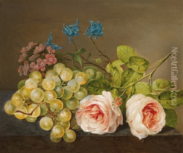 Stilleven Met Rozen En Druiven Oil Painting - Paul Theodor van Bruessel