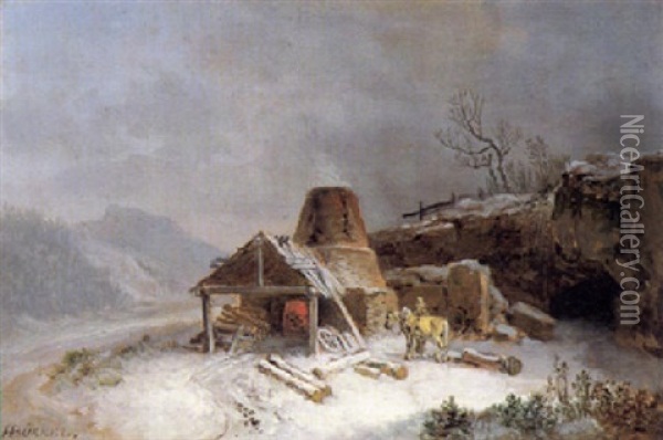 Ein Kalkofen In Winterlandschaft Oil Painting - Heinrich Buerkel