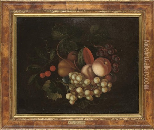 Grapes On The Vine, Plums, Peaches, A Melon And Cherries Oil Painting - William Jones