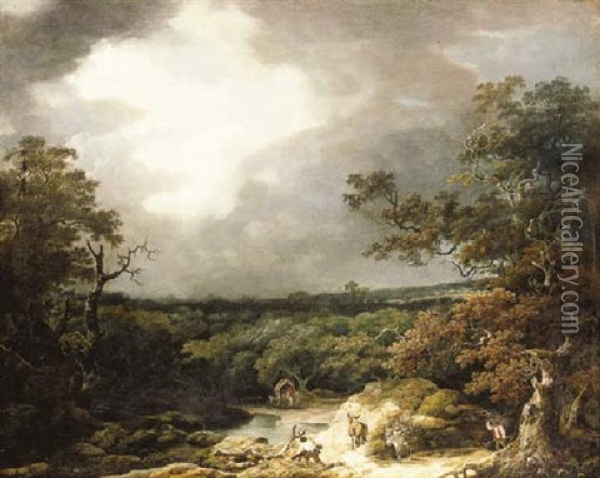 A Stormy Wooded Landscape With Faggot Gatherers By A River Oil Painting - Thomas Barker