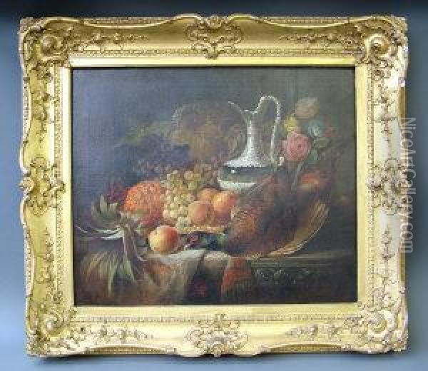 Still Life Of A Dead Pheasant, 
Silver Flagon, Peaches, Grapes, A Pineapple, Roses And A Salver On An 
Ornamental Ledge Oil Painting - William Duffield