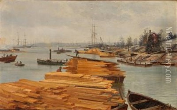 View From A River With A Timber Oil Painting - Vilhelm Karl Ferdinand Arnesen