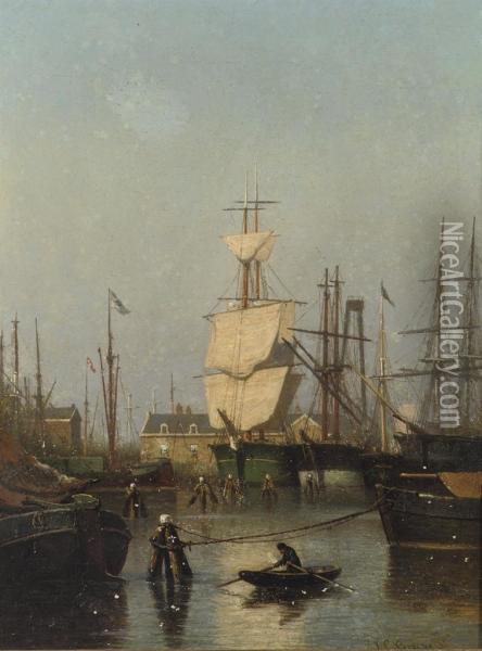 Oosterpark, Amsterdam: Shipping In Amsterdam Harbour Oil Painting - Johan Conrad Greive