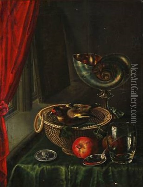 Still Life With Goldfinch In A Basket, A Nautilus Centerpiece And The Painter's Silver Medal Oil Painting - Hans Christian Overgaard