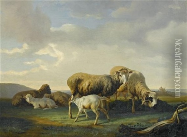 Weidende Schafe Oil Painting - Charles (Jean-Ch. Ferdinand) Humbert