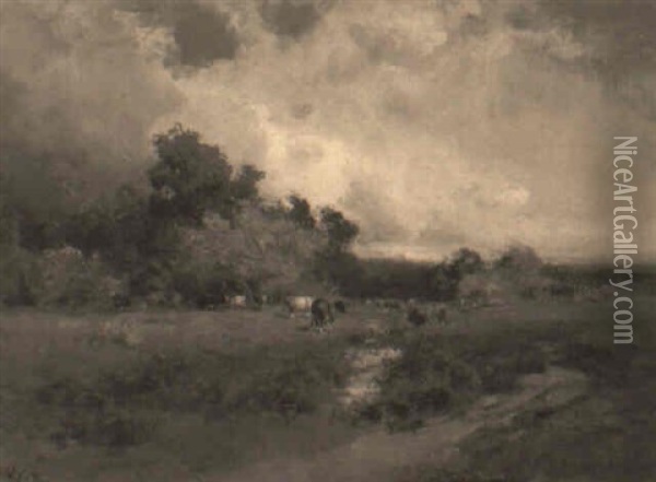 Cloudy Day With Cows By The Watering Hole Oil Painting - William Keith