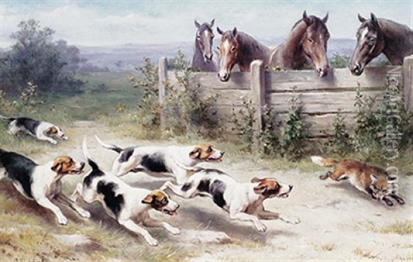 Fuchs Auf Der Flucht Vor Jagdhunden, Pferde Schauen Zu Oil Painting - Carl Reichert