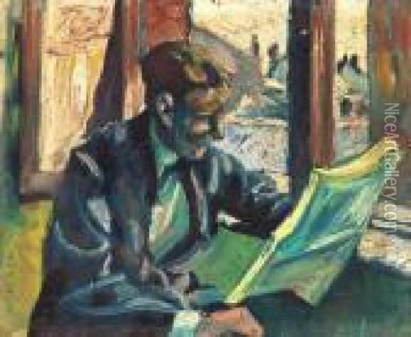 Man Reading Newspaper, Around 1918 Oil Painting - Hugo Scheiber