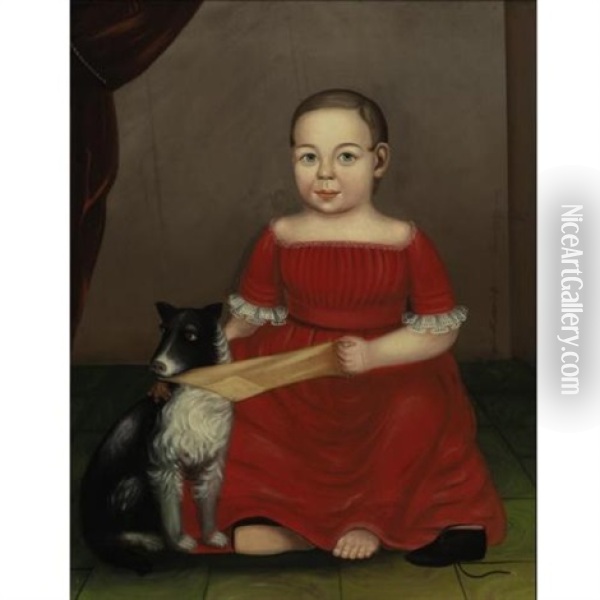 Portrait Of A Child In Red; Dog Pulling A Yellow Stocking Oil Painting - Milton W. Hopkins