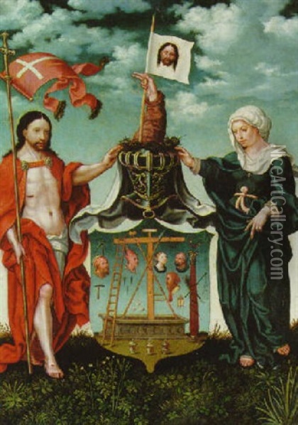 Christ The Redeemer And The Virgin With The Symbols Of The Passion, Displayed As A Coat-of-arms Oil Painting - Bernaert (Barend) van Orley