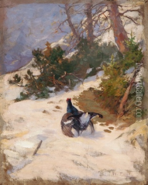Balzender Auerhahn Im Schnee Oil Painting - Hugo Engl
