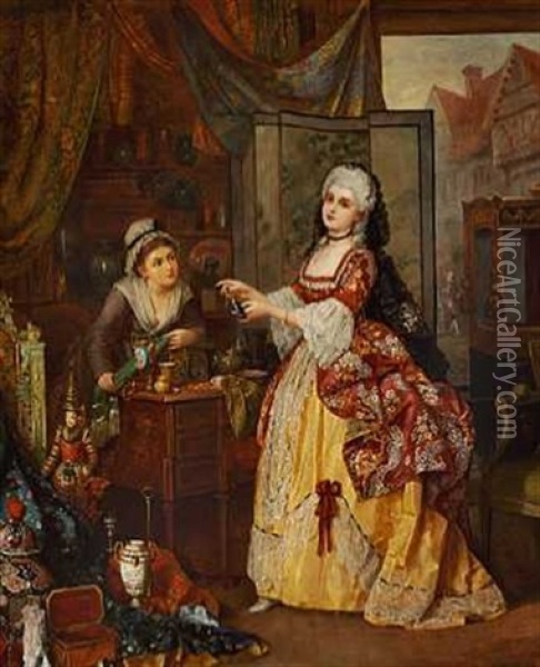 Lady Betty Goes Shopping, Pausing, Uncertain Which Gay Toy To Choose Oil Painting - Anna Maria Charretie
