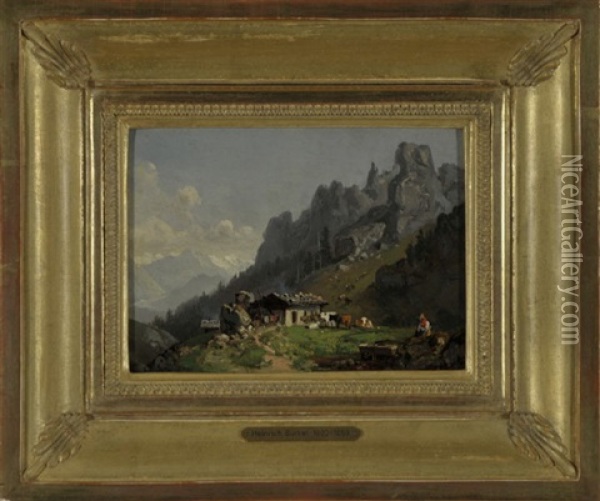 Auf Der Alm - Sennerin Mit Kuhherde Neben Der Berghutte Und Blick Ins Hochgebirge Oil Painting - Heinrich Buerkel
