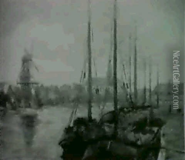 Hollandischer Hafen Mit Muhle Oil Painting - Johann H. Pootjes