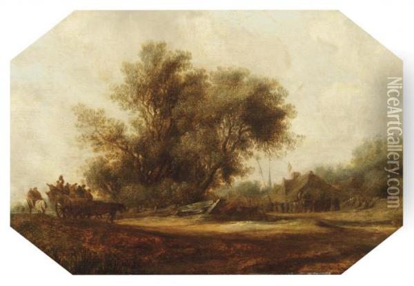 A Landscape With Travellers In A Cart Along A Path Oil Painting - Salomon van Ruysdael