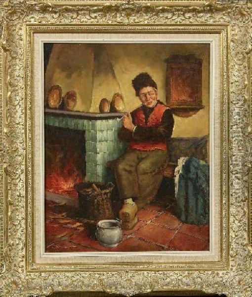 Hollander Beim Pfeiferauchen Am Kamin Oil Painting - Johann Jakob Eberhardt