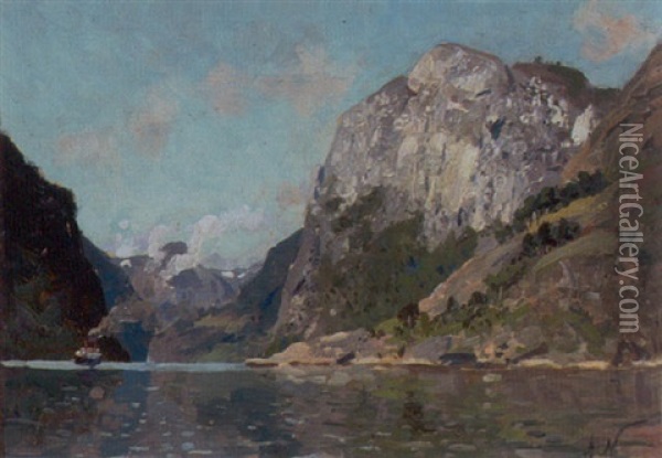 Flodparti Med Damper Mellem Stejle Bjergskraninger Oil Painting - Adelsteen Normann
