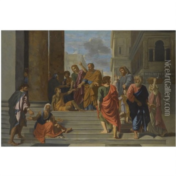 Saints Peter And John Heal A Cripple At The Gate Of The Temple Oil Painting - Nicolas Poussin