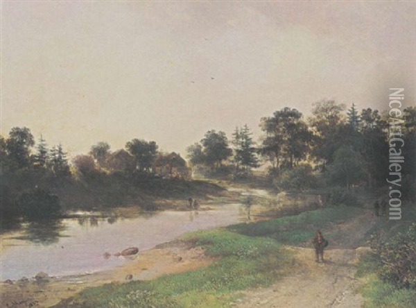 A River Landscape With Figures On A Path Oil Painting - Johan Hendrik Meyer