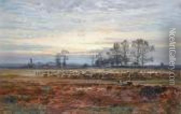 Shepherd And Flock In A Field Oil Painting - Benjamin Williams Leader