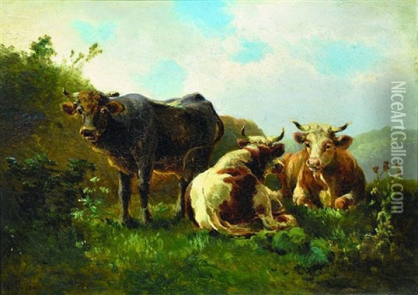 Cows On Pasture Oil Painting - Hugo Ullik