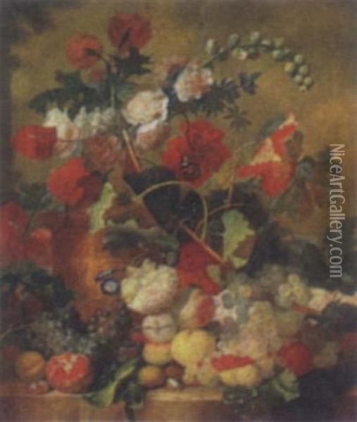 Still Life Of Various Flowers In A Terracotta Vase Oil Painting - Jan van Os