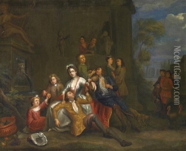 Frohliche Gesellschaft Vor Herrschaftlichem Gebaude Oil Painting - Willem van Herp the Elder