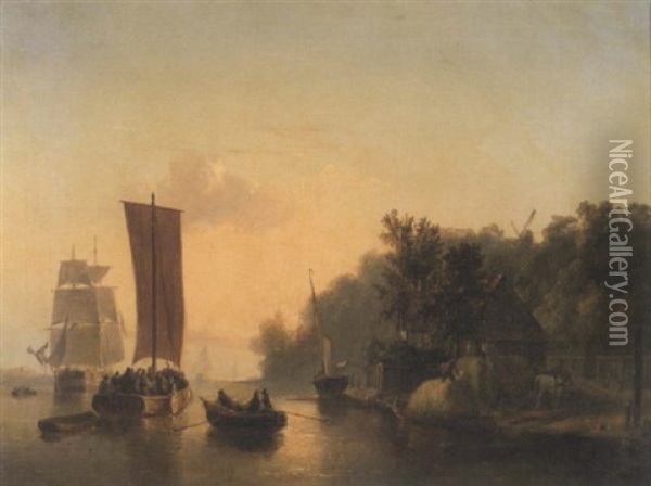 A Busy River At Sunset Oil Painting - Hermann Rudolf Hardorff the Younger
