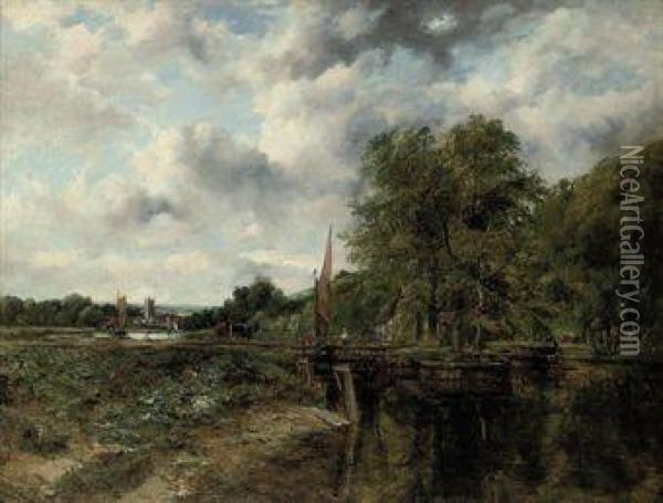 A Wooded River Landscape With 
Figure, Cattle And Horses By A Lock,a Church And Village Beyond Oil Painting - Frederick Waters Watts