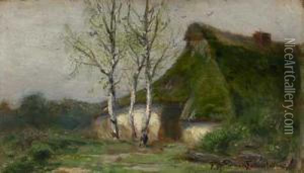 Reetgedecktes Haus Mit Birken Oil Painting - Franz Hoffmann-Fallersleben