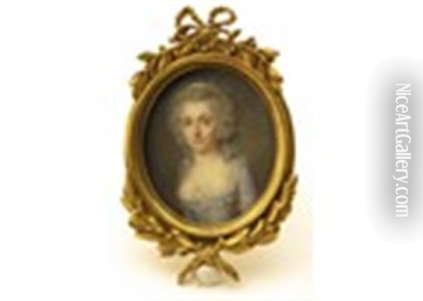 Portrait Miniature Of A Lady, Half Length, Wearing A Blue Dress, A White Ribbon In Her Hair Oil Painting - Jean Baptiste Jacques Augustin