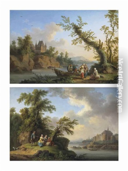 A Wooded River Landscape With Figures Unloading A Rowing Boat, A Castle On The Rocks Beyond; And A Wooded River Landscape With Figures Resting On The Bank, A Fortified Town Beyond (pair) Oil Painting - Jacob Philipp Hackert