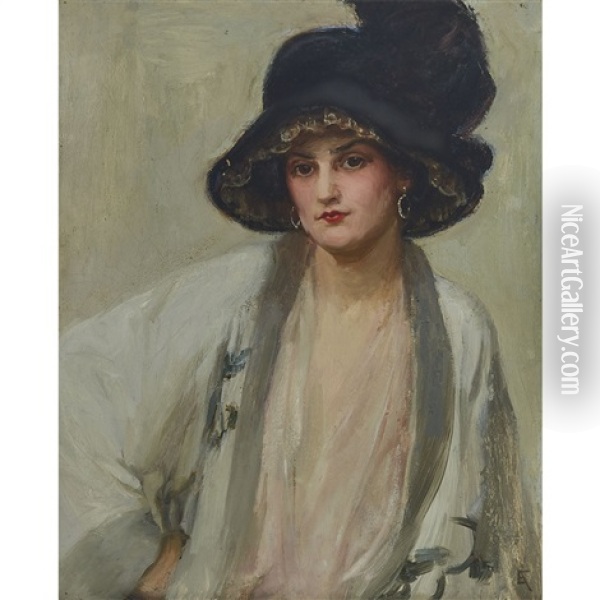 Lady In A Black Hat Wearing A Japanese Kimono Oil Painting - Elizabeth Adela Forbes