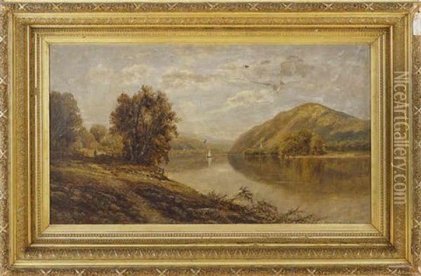 Landscape Depicting A River With Sailboat Surrounded By Trees, Mountains And Figure In The Foreground Oil Painting - Edmund Darch Lewis