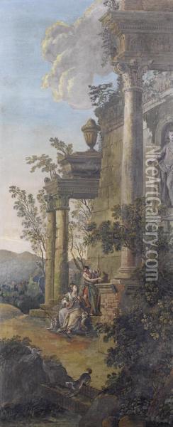 A Capriccio Of Lovers Beside Romanruins In A Landscape Oil Painting - Nicolas Bertuzzi L'Anconitano