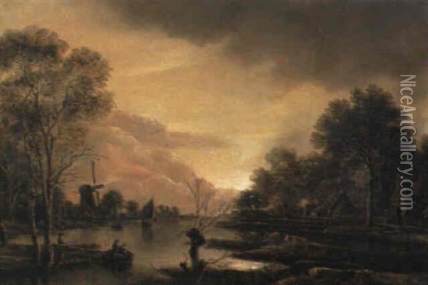 Mondscheinlandschaft Mit Fischern Und Angler Oil Painting - Aert van der Neer