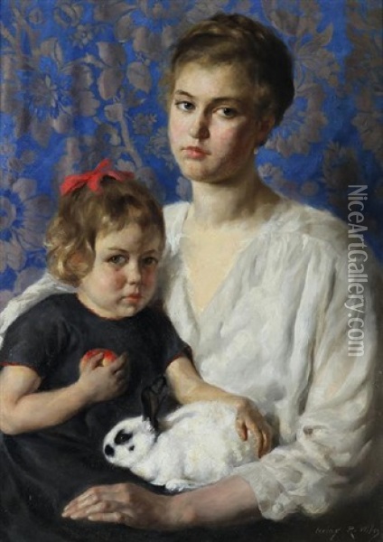 Portrait Of Mother And Child With Rabbit Oil Painting - Irving Ramsey Wiles