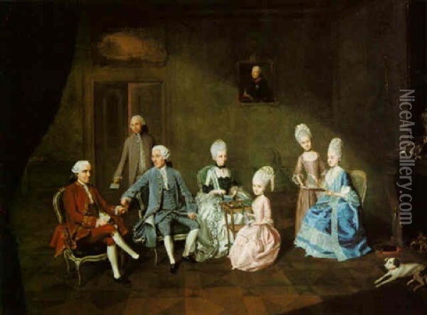 A Conversation Piece: Marc Antoine Andre De La Haye De Launay Seated In An Interior With His Wife And Three Daughters, Talking To A Friend Oil Painting - Johann Heinrich Christian Franke