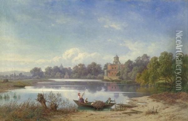 Blick Auf Den Heiligen See Mit Dem Marmorpalais, Im Vordergrund Bauern In Einem Fischerboot Oil Painting - Julius Schlegel