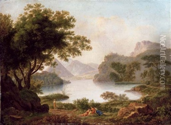 A River Landscape With A Pyramid, With Classical Figures On A Bank Oil Painting - Pierre Pequignot