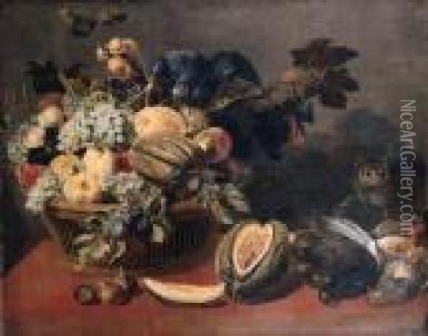 A Parrot Perched On A Basket Of 
Fruit, With A Melon, Figs And A Catwatching Dead Partridges And Black 
Grouse On A Table Oil Painting - Frans Snyders